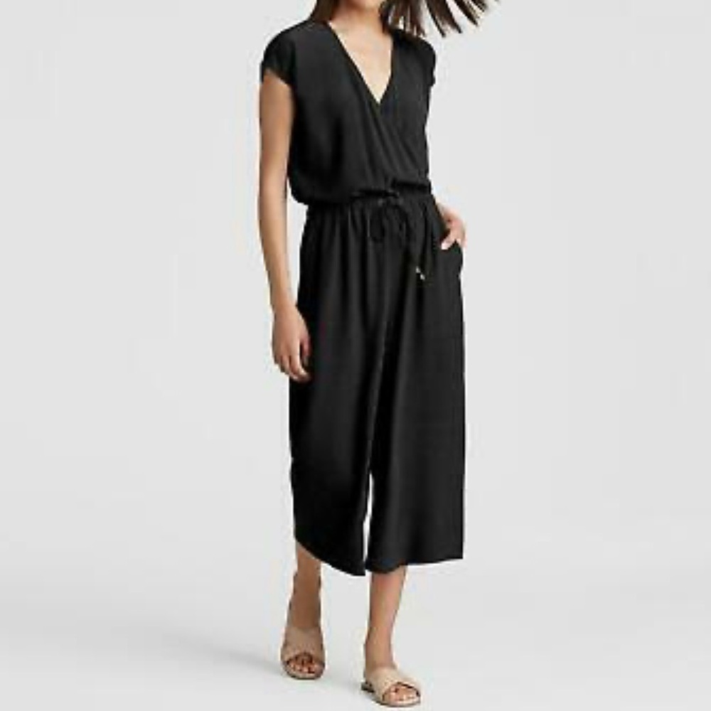 SOLD-Eileen Fisher Black Sleeveless Cropped Wide Leg Jumpsuit - Picture 1 of 12